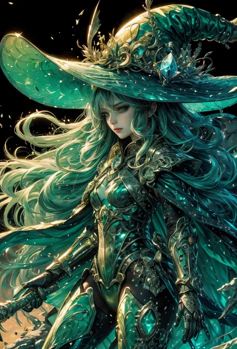 (Detailed illustrations,Very detailed and detailed drawing,Delicate lines with slow and rapid,Realistic texture expression),[Color tressed main line],(Battlefield of Fantasy World [Burning castle]),(ROBOT GIRL(Emerald Witch [witchs hat [[Iron Mask]METALFAC...