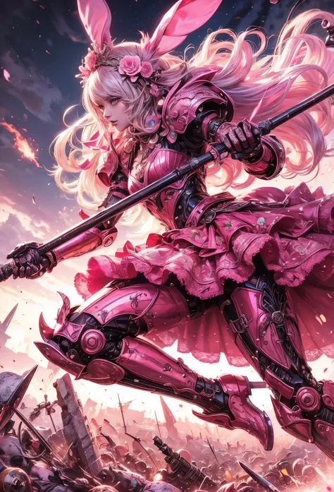 (Detailed illustrations,Very detailed and detailed drawing,Delicate lines with slow and rapid,Realistic texture expression),[Color tressed main line],(Battlefield of Fantasy World [Burning castle]),(GIRL ROBOT 13yo (Pink rabbit [METALFACE])) [WEAPON MACHIN...