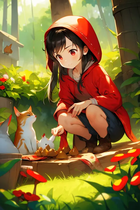 (ln the forest,lots of animals,untidy,charming flowers,critters)little red riding hood is picking mushrooms,blown hair