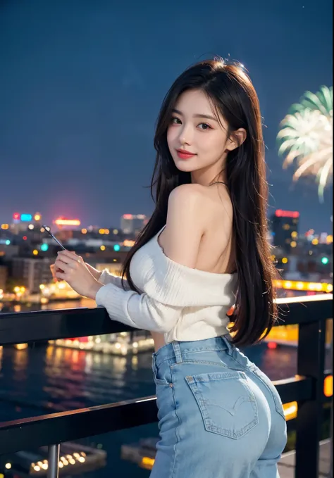 ​masterpiece), top-quality, 超A high resolution,4k,8k, 1 girl flying over the stunning cityscape ,Neon Color Shooting Star, Very long hair, off shoulders, The Flash, stunning night sky, 电影灯光, Photorealsitic, real looking skin, HDR,Fireworks are going up,Bea...