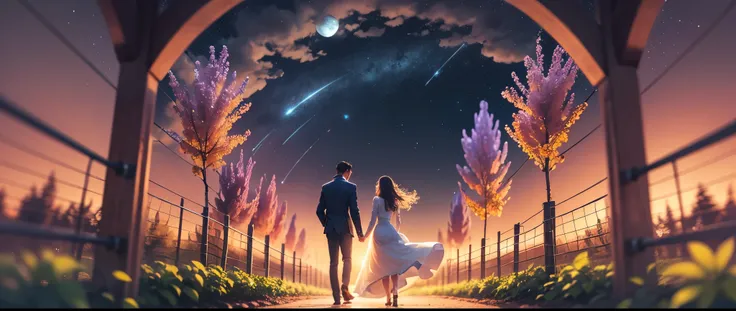 Night falls, a pair of lovers walking hand in hand on the purple vineyard path, tasting purple grapes under the starry sky, super wide-angle vision, clean, fine and transparent image, rich in detail, vivid colors, natural tones, rich sense of hierarchy, pr...