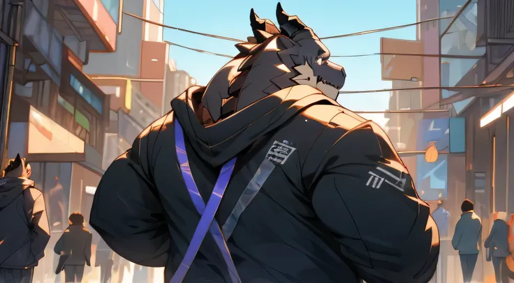 herbivoredragon, solo,male,anthropomorphic, full body view, chubby,  black furr,stylish sweatshirt, tokyo cyberpunk street, morn...