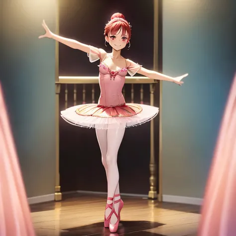 Pretty 15 years old princess has a ballerina, drawn in anime style, smiling, red hair with single bun, pink eyes, small breast, steampunk, red tutu dress with short sleeves and long tulle skirt, ruby earrings, gold tiara, translucent pink thighs, pointe sh...