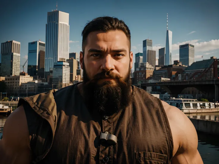 strong man with beard, master piece, realistic with city background