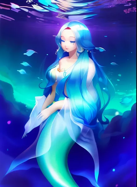 a mermaids with long blue hair and a white dress is standing in the water, beautiful mermaids, goddess of the sea, Sea Goddess, mermaids, Queen of the Sea Mu Yanling, ariana grande as a mermaids, Asian Woman Water Elemental, portrait of mermaids queen, por...