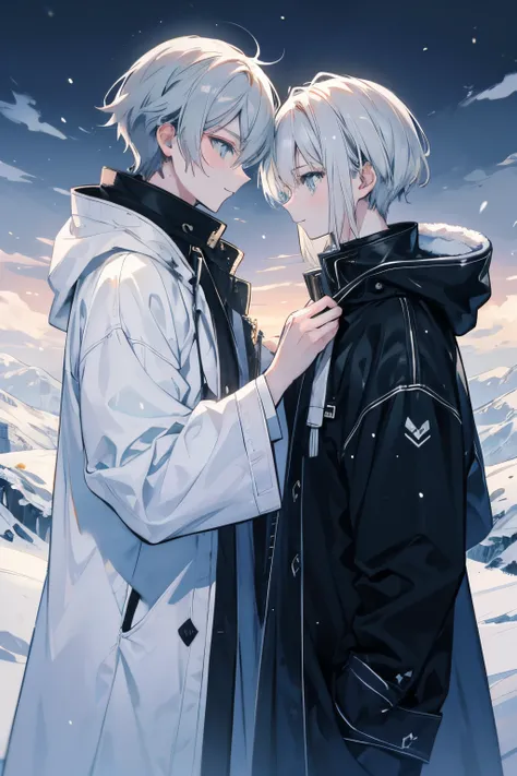 Unparalleled beauty,face perfect、Perfect Eye、green eyes Makoto Shinkai、Blonde and silver-haired、steam、steam、White breath、closing eye、Winter Outfit、snowscape、Landscape like an ink painting、 (2man),ゲイのmale people関係, male people,、stare at each other、Smiling,s...