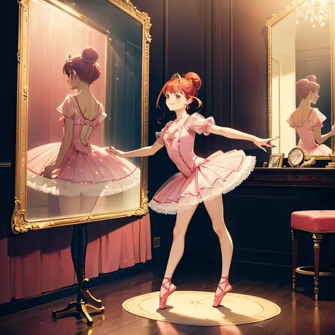 Pretty 15 years old princess has a ballerina, drawn in anime style, smiling, red hair with single bun, pink eyes, small breast, steampunk, red tutu dress with short sleeves and long tulle skirt, ruby earrings, gold tiara, translucent pink thighs, pointe sh...