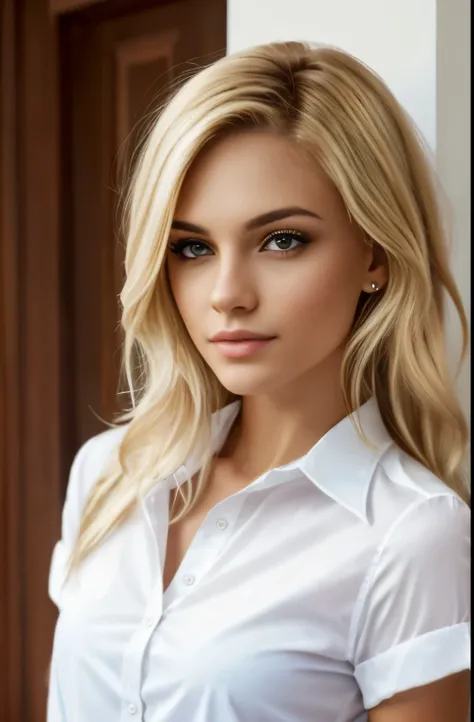 Beautiful sexy woman in white shirt with realistic blonde hair