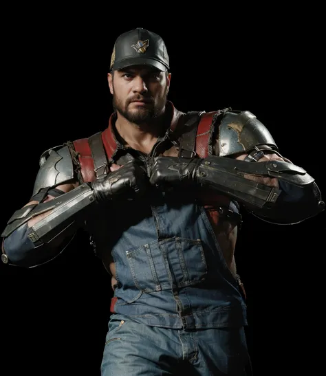 (masterpiece),(best quality:1.0),(ultra high resolution:1.0), Jax, mortal kombat, farmer, metal arms, beard  , cap forward, bad face,menacing look, closeup, detailed, face focus, 8k wallpaper, full body