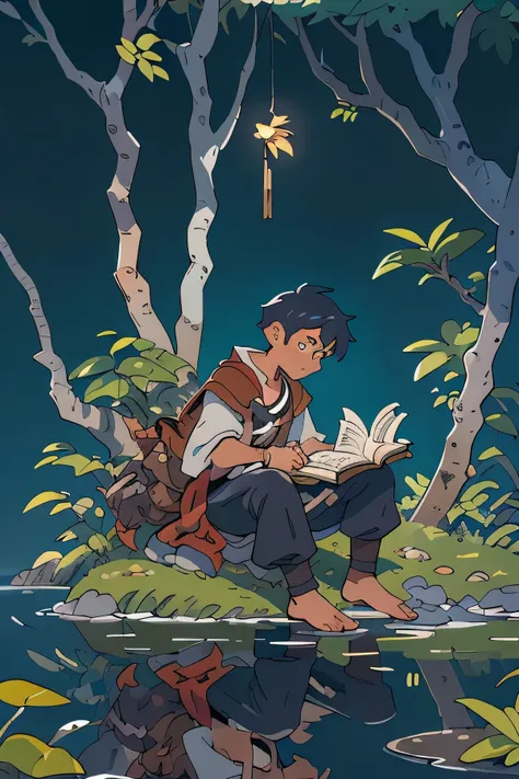 No centro da capa, a lone adventurer is sitting on a rock, On the edge of a serene stream. He is immersed in writing a diary, com penas e pergaminhos promocionais ao seu lado. uma figura, vestida com trajes medievais, reflects the determination and lonelin...