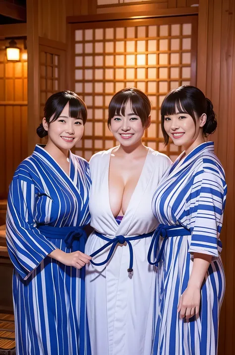 attractive woman, ３man woman, bbw, hakata yukata、large boob, a smile、hot spring ryokan、​masterpiece, top-quality,