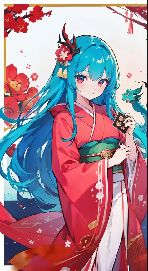 high-level image quality,hightquality,Middle Girl,long turquoise hair,Red Eyes,Beautifully drawn eyes,wearing kimonos,Furisode,New Years card,shenron,Smile,