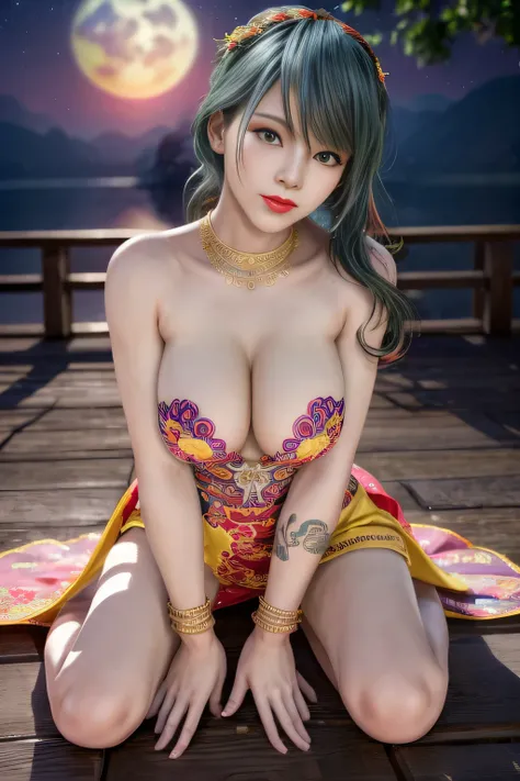 Desaturate Hue, 流行超Realistis,1 girl,Tamaki,(Dressed in vibrant rainbow color scheme art;Su embroidery craft; wedding gown),jewely,(Tattooed with:1),during night, full_themoon, As estrelas,Redlip,gigantic cleavage breasts,(tmasterpiece:1.5),( Best quality a...