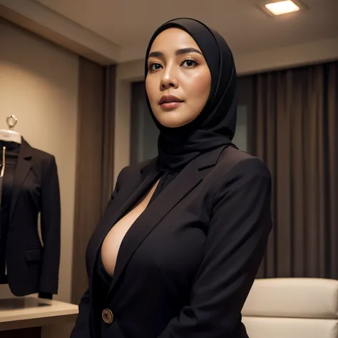 52 years Old, Hijab Indonesian mature woman, Extra Large Tits, Blazer, Slim body, Breast about To burst out, at doctor office, Dark light, at Nighttime