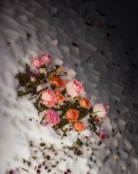 flowers are laying on the snow in the dark, with frozen flowers around her, burried in snow at night, dead flowers, unknown artist, bed of flowers on floor, by Jaakko Mattila, dead plants and flowers, by Anato Finnstark, by Magdalene Bärens, crashed in the...