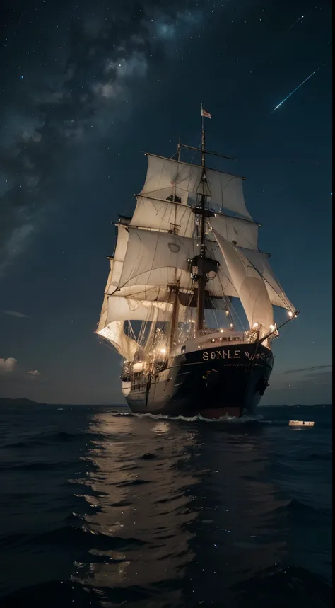 Picture a grand pirate ship, its silhouette cutting through the inky darkness of the sea. The water beneath is a vast canvas of bioluminescence, with every cresting wave aglow in ethereal hues. The ships wake sparkles like a trail of stardust, leaving a me...