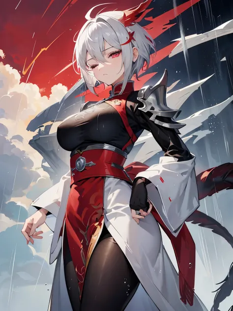 Anime style、Silver super saiyan-like very short hair、Mature Woman、Waist-length pheasant tail feather hair ornament with red as the base color、Chinese-style armor with red as its base color、thick thight、Black tights、big raindrops rain、dark sky、Looks like he...