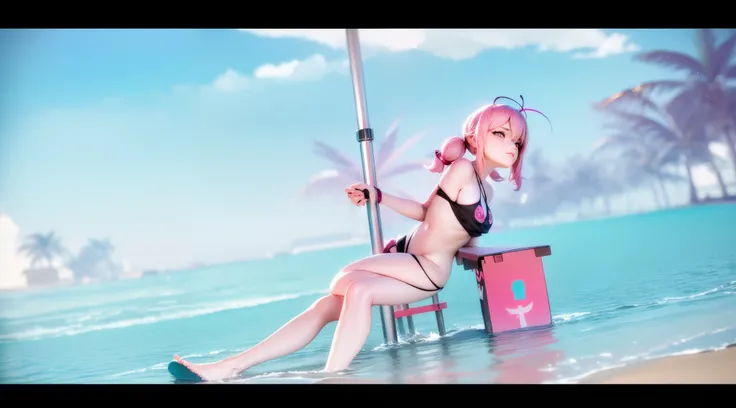 anime girl in pink swimsuit sitting on a pole in the water, stylized anime, anime style. 8k, (octane rendentasy style, anime stylized, loli, anime styled 3d, 4 k octan render, on the beach, rendered in sfm, fantasy style 8 k octane render, pink twintail ha...