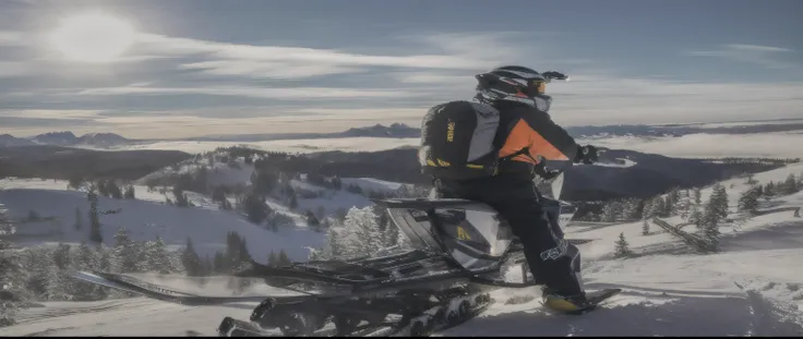 skier on a snowmobile looking out over a snowy mountain, on the mountain, profile shot, greg rutkowski ”, by Jeffrey Smith, epic scenic shot, top of the mountain, on top of it, riding, profile picture, by Brian Thomas, by Drew Tucker, epic mountains in the...