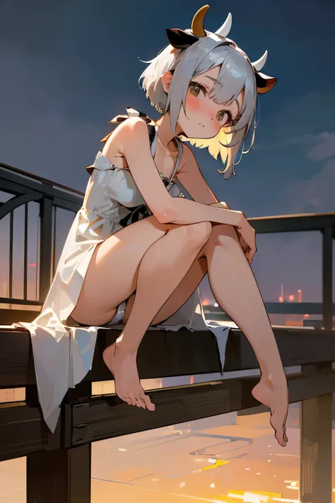 ((masterpiece)), (best quality), from below, (outdoor), (cow costume), cute teenage girl, blush, short silver hair, short silver dress with straps, thin legs, (sitting on edge of bridge), (open legs wide), barefoot, white panties, at night