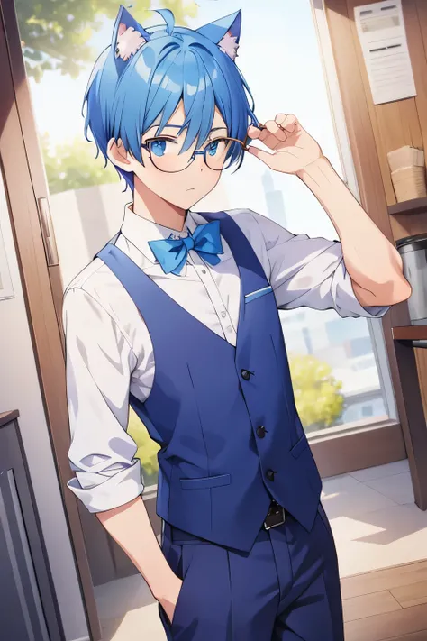 1boy, A handsome ((blue short hair)) boy, ((with blue cat ears)), wearing round glasses with thick lenses, working, cowboy shot, 32k resolution