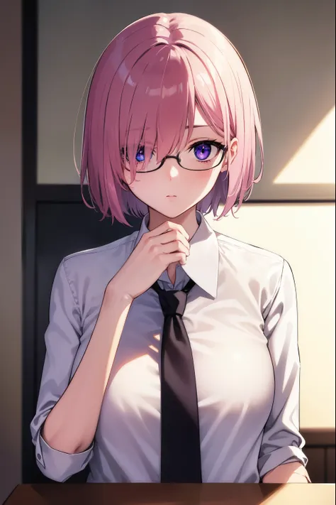 mashkyrielight, mash kyrielight, glasses, hair between eyes, hair over one eye, (purple eyes:1.1), pink hair, short hair,
BREAK hood, shirt, collared shirt, white collar, black shirt, necktie, red necktie, 
BREAK looking at viewer,
BREAK indoors, classroom...