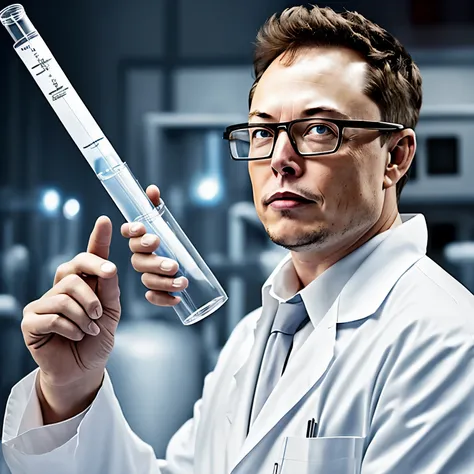 side view of elon musk as a serious scientist, holding a test tube, lab coat, glasses, realistic