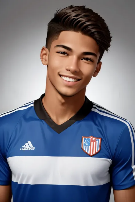 Generate an image of a 25-year-old American young man with fair skin. He is athletic, with a healthy and handsome appearance. This young man is smiling in a friendly manner and has a positive energy. Dress him in a modern soccer uniform, suggesting that he...