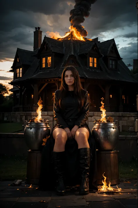 A woman is sitting in a huge cauldron standing on fire, against the background of an ominous house, cloudy