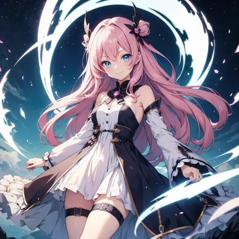 Anime 1girl time travel power she have, blue eyes age15 future time travel long butifull  dress 4k HD ultra, add time travel backguard add pink hair and make her little smile