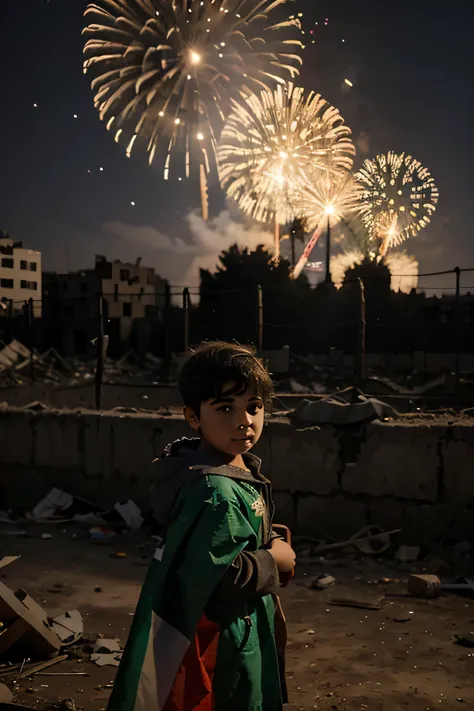 A child among the ruins of war behind a fence watching the New Year celebration, carrying the Palestinian flag, an epic, sad night scene