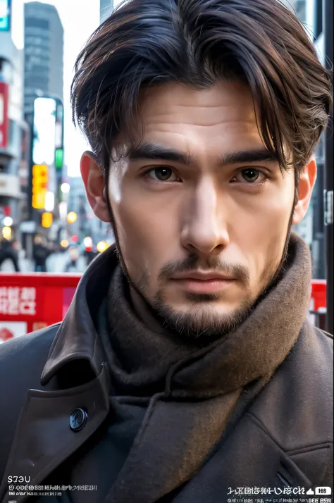 Photorealsitic, 8K full body poster, a handsome, japanes, a 25-year-old man, rugged facial skeleton, serious facial expression, Sharp eyes, A charming expression, detailed face details, TOKYOcty, Winters, Shibuya in the background