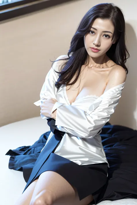 The face is :9,1270442595], Elegant upper-class elite woman wearing white lace lingerie, ((lay on back on the bed))、((lay on back))、((lay on back在、fall))、(Long layered hair), 蕾丝lace panty hose, (穿lace panty hose)、Wear high-end high heels、(Long layered hair...