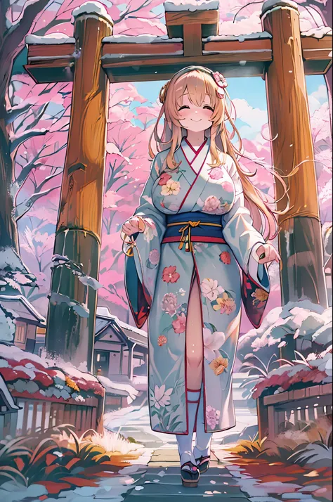 huge-breasted、kawaii、(Sunny Clothes)、torii gate,((Oblique angle))、{{close up to face}}、one eye closed、winking、A big smile、bbw、thick thight、big butts、Ultramammy, Winter days, Anime Background Art, japanese art style, beautiful anime scene,detailed scenery -...