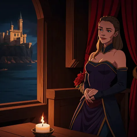 Game of Thrones style, Margaery Tyrell smiles slyly, in the red castle, pretentious atmosphere, rey&#39;s Landing in the background