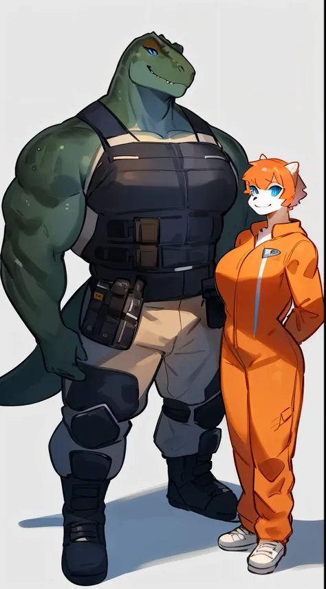 By bebebebebe, by lostgoose, by goonie-san, by buta99, by con5710, ((female, green skin, blue eyes, short hair)), tyrannosaurus, dinosaur, t-rex, smirking, big breasts, (muscular, buff, giant, strong, enormous, broad shoulders, big head), ((white and orang...