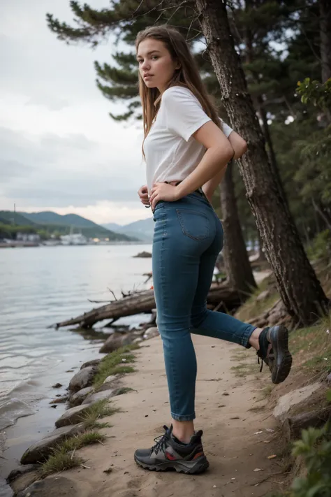 Norwegian teen girl with hiking shoes, long jeans balancing on log at beach, very low angle shot