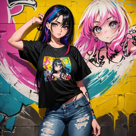 The most beautiful and sexy punk rock girl, cabello color arco iris, ojos amarillos, usar una sudadera con capucha, Graphic T-shirt and torn skinny jeans, enormes tetas gigantescas, Escote mostrando, toneladas de tatuajes y piercings, elementos de graffiti...