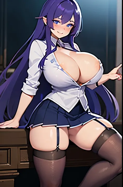 beautiful woman, purple hair, blue eyes, glowing eyes, freckles, gigantic breasts, cleavage, thin body, extremely long hair, open button-up shirt, tiny pleated skirt, thigh high knitted socks, high heels, smiling, blushing, ultra detailed, castle interior