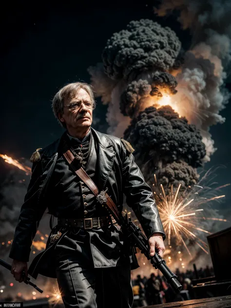 A cinematic shot of (Otto von Bismarck:1.3) in mid-air, (running out of an explosion:1.2), dramatic backdrop of fiery bursts, realisitc background, smoke tendrils, intense motion, high contrast, wide angle lens, Hollywood blockbuster vibe, dynamic pose, he...