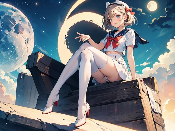 A lively, cute and pure girl wears a bow on her head，In sailor suit（Modern style） white stockings（White in red）Perfect body proportions, sitting posture with the moon in shame