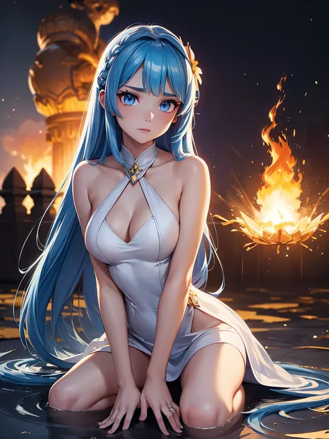 masterpiece, exquisite, {beautiful and meticulous girl}, beautiful and detailed halo, (fire of war: 1.2), (fire explosion behind: 1.3), rain, detailed lighting, detail water, (beautiful and detailed eyes: 1.1), glitter_force, palace, sky blue hair, scatter...