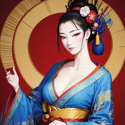 Japanese style drawing, ukiyo-e style, art, finest image, 8k, RAW photo, realistic, detailed, delicate, flashy and dynamic depiction, beautiful woman, full-makeup, happy, shy, New Years greetings, wearing a blue, purple and orange Japanese kimono with gold...