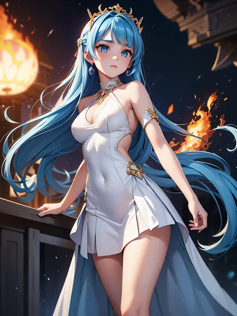 masterpiece, exquisite, {beautiful and meticulous girl}, beautiful and detailed halo, (fire of war: 1.2), (fire explosion behind: 1.3), rain, detailed lighting, detail water, (beautiful and detailed eyes: 1.1), glitter_force, palace, sky blue hair, scatter...