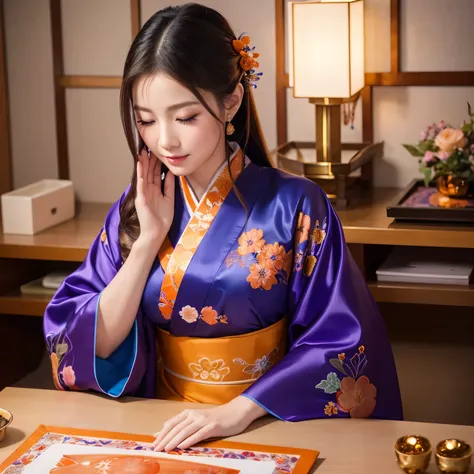 finest image, 8k, RAW photo, realistic, detailed, delicate, flashy and dynamic depiction, beautiful woman, full-makeup, New Years greetings, wearing a blue, purple and orange Japanese kimono with golden embroidery, sitting straight and bowing her head, her...