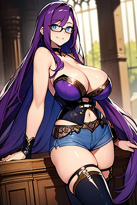 beautiful woman, purple hair, blue eyes, glowing eyes, freckles, gigantic breasts, cleavage, thin body, extremely long hair, strapless bustier, frayed short shorts, thigh high boots, thin frame eyeglasses, bare arms, smiling, blushing, ultra detailed, cast...