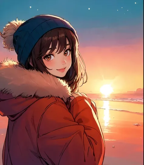 1lady solo, (looking back at viewers), (stylish outfit) winter, mature female, /(dark brown hair/) bangs, blush kind smile, (eyes sparkling with hope), (masterpiece best quality:1.2) delicate illustration ultra-detailed, large breasts BREAK (the first sunr...