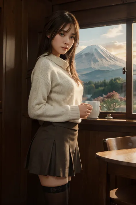 ​masterpiece、top-quality、Highly detailed CG、beatiful detailed eyes、ultra-detailliert、Mt fuji、sunrises、warm clothes、skirt by the、panthyhose、stockings