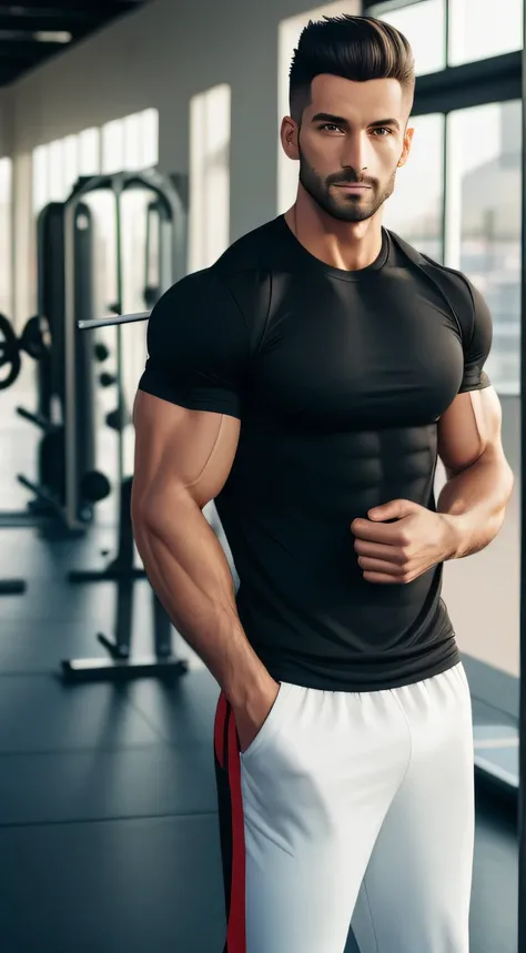 30 years old muscular man, track suit and black t-shirt, Stand in the gym front to the camera, natural pose, hands outside of pocket, Natural skin, 8K UHD, filmgrain