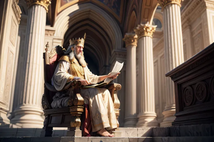 An image of King Solomon on his throne, perhaps holding a scroll or symbols of wisdom. May include elements such as the Jerusalem Temple in the background, ultra detalhado, ultra detalhado background, 8k